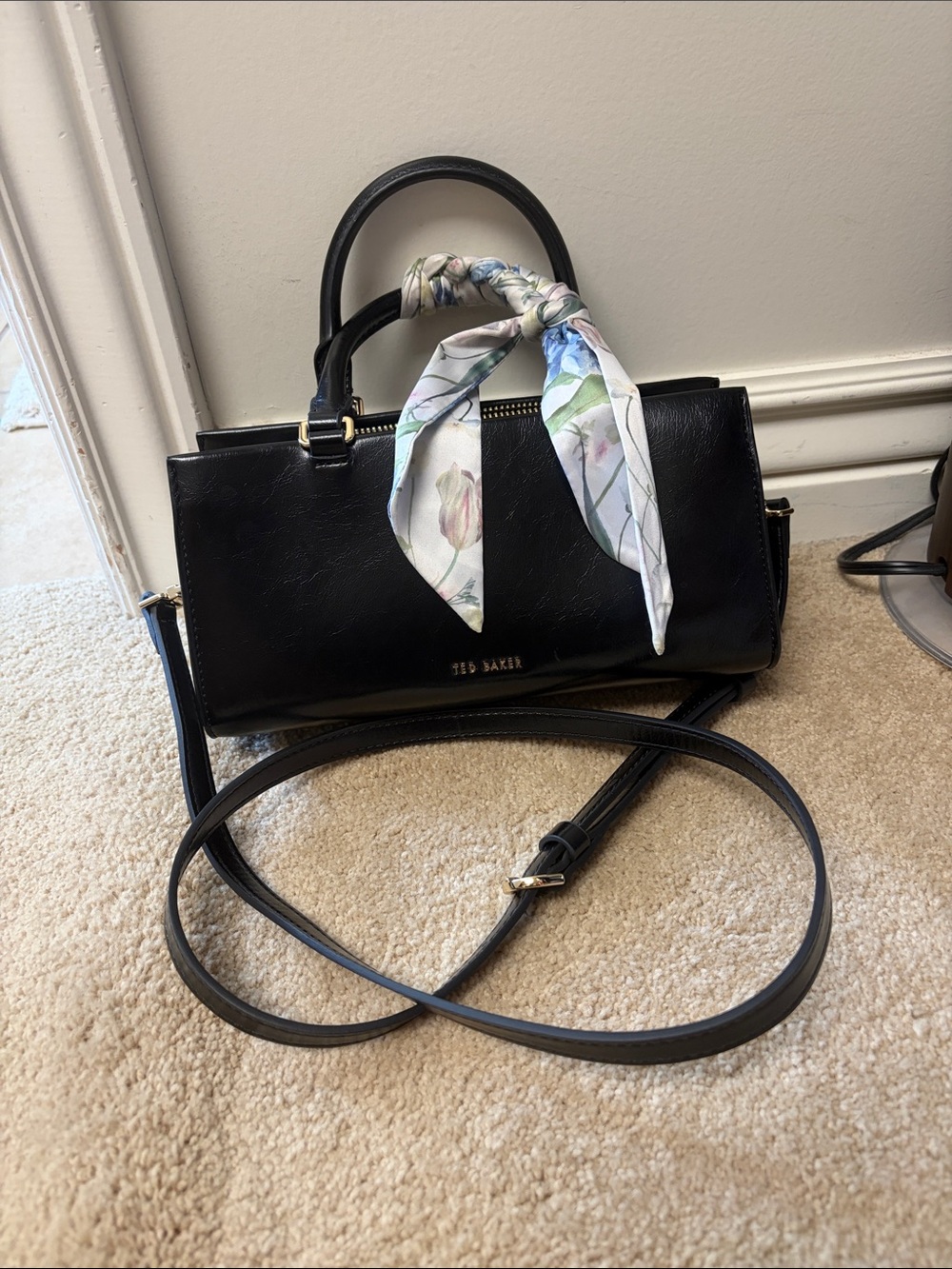 Ted Baker Black Leather Top-Handle Crossbody with Floral Scarf